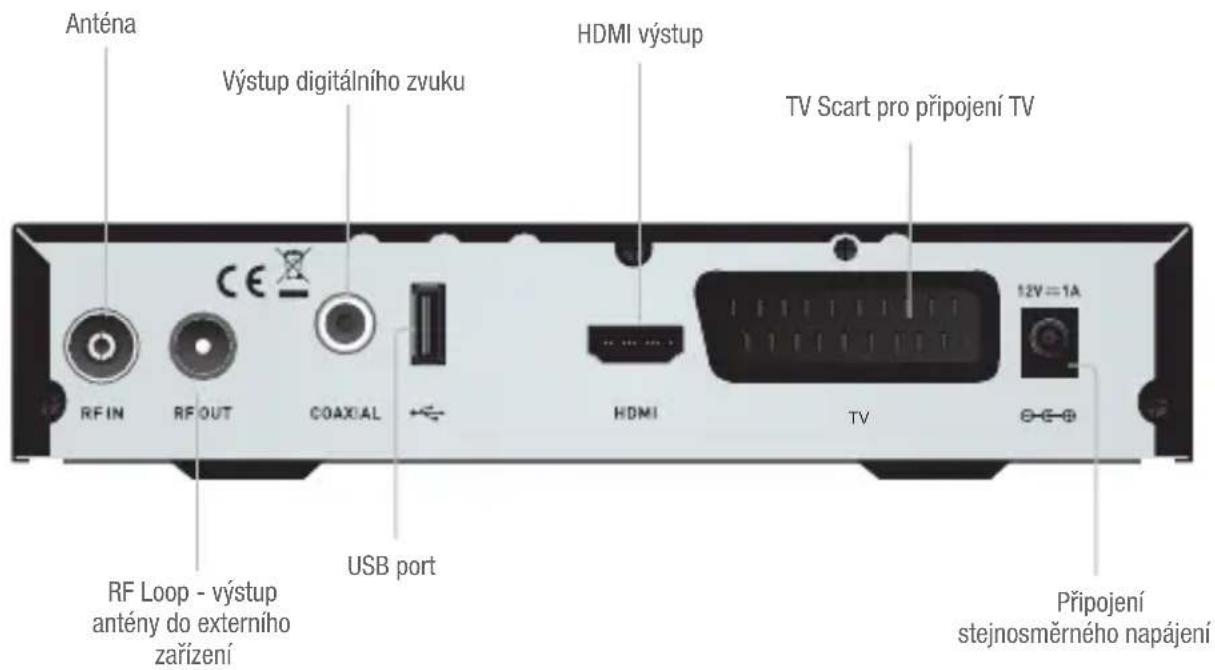 Anténa Výstup digitálního zvuku HDMI výstup TV Scart pro připojení TV RF IN RF OUT COAXUAL USB port RF Loop - výstup antény do externího zařízení HDMI TV 12V = 1A Připojení stejnosměrného napájení