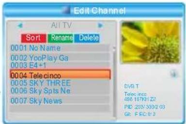 Edit Channel Alt TV Sort Renam Delete 0001 No Name 0002 YooPlay Ga 0003 E4+1 0004 Telecinco 0005 SKY THREE 0006 Sky Spts Ne 0007 Sky News DVB T Telec inc 486 197N1 Z/ PID: 2057/30/2 03 GI: FEC 1/2
