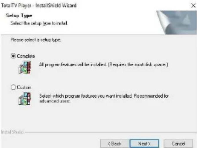 TotalITV Player - InstallShield Wizard Setup Type Select the setup type to install Please select a setup type. Complete All program features will be installed (Requires the most disk space) Custom Select which program features you want installed. Recommended for advanced users. < Back Next > Cancel