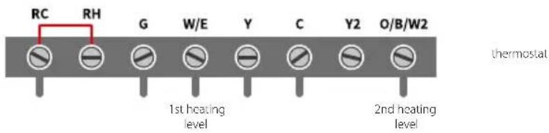 RC RH G W/E Y C Y2 O/B/W2 1st heating level 2nd heating level thermostat