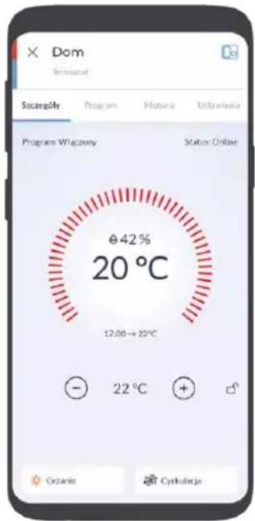 Dom Szczegóty Program Historia Udanskola Program Wączemy Status Online Ø 42% 20 °C 12.00 → 22 °C - 22 °C + Grzanie Cytokacja