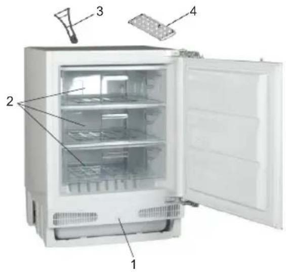 Diagram of an open refrigerator with labeled parts including a tray, lid, and front panel