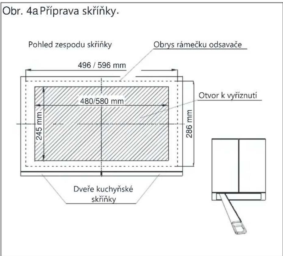 Obr. 4a Příprava skříňky. Pohled zespodu skříňky Obrys rámečku odsavače 496 / 596 mm 480/580 mm 245 mm 286 mm Otvor k vyřiznutí Dveře kuchyňské skříňky