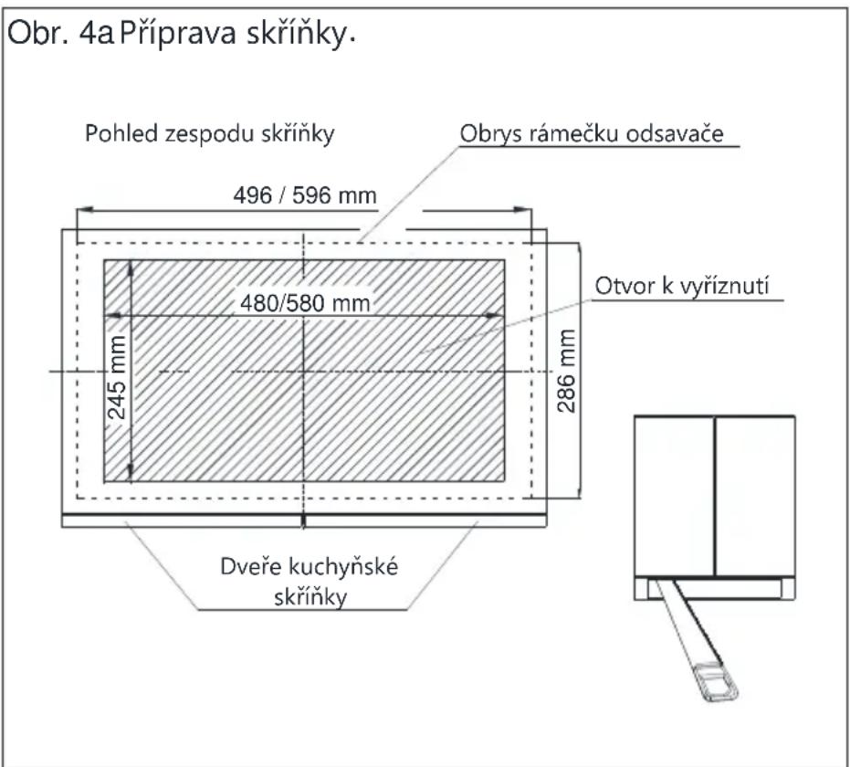 Obr. 4a Příprava skřínky. Pohled zespodu skřínky Obrys rámečku odsavače 496 / 596 mm 480/580 mm 245 mm 286 mm Otvor k vyřiznutí Dveře kuchyňské skřínky