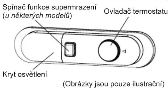 Spínač funkce supermrazení (u některých modelů) Ovladač termostatu Kryt osvětlení (Obrázky jsou pouze ilustrační)