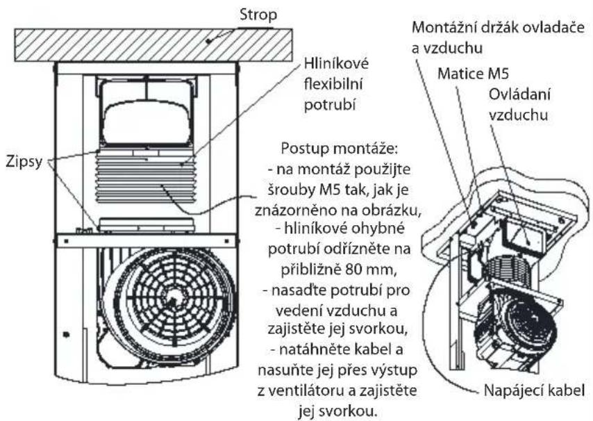 Strop Hliníkové flexibilní potrubí Zipsy Postup montáže: - na montáž použijte šrouby M5 tak, jak je znázorněno na obrázku, - hliníkové ohybné potrubí odřízněte na přibližně 80 mm, - nasadťe potrubí pro vedení vzduchu a zajistěte jej svorkou, - natáhněte kabel a nasuňte jej přes výstup z ventilátoru a zajistěte jej svorkou. Montážní držák ovladače a vzduchu Matice M5 Ovládaní vzduchu Napájecí kabel