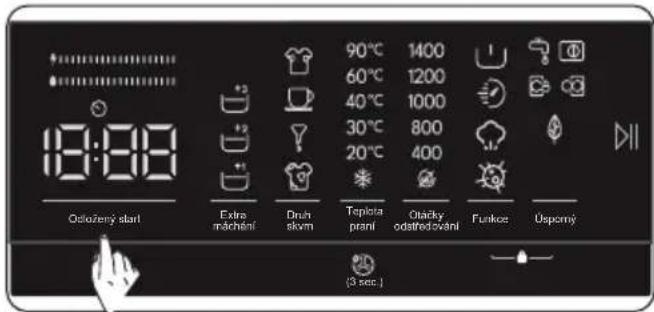 18:00 Otožený start Extra máchání Druh skvn 90°C 1400 60°C 1200 40°C 1000 30°C 800 20°C 400 Toplota praní Chádky odstřodování Funkce Úspomý (3 sec.)