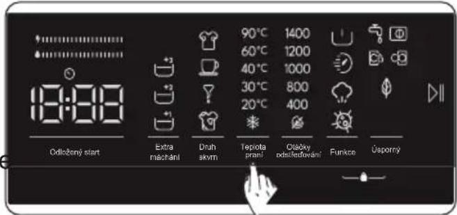 18:00 Odléženy start Extra máchani Druh skvm 90°C 60°C 40°C 30°C 20°C 1400 1200 1000 800 400 Tepiota prami Otěsby ddeředování Funkce Úsporny