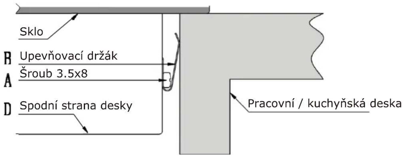 Sklo R Upevňovací držák Šroub 3.5x8 A D Spodní strana desky Pracovní / kuchyňská deska