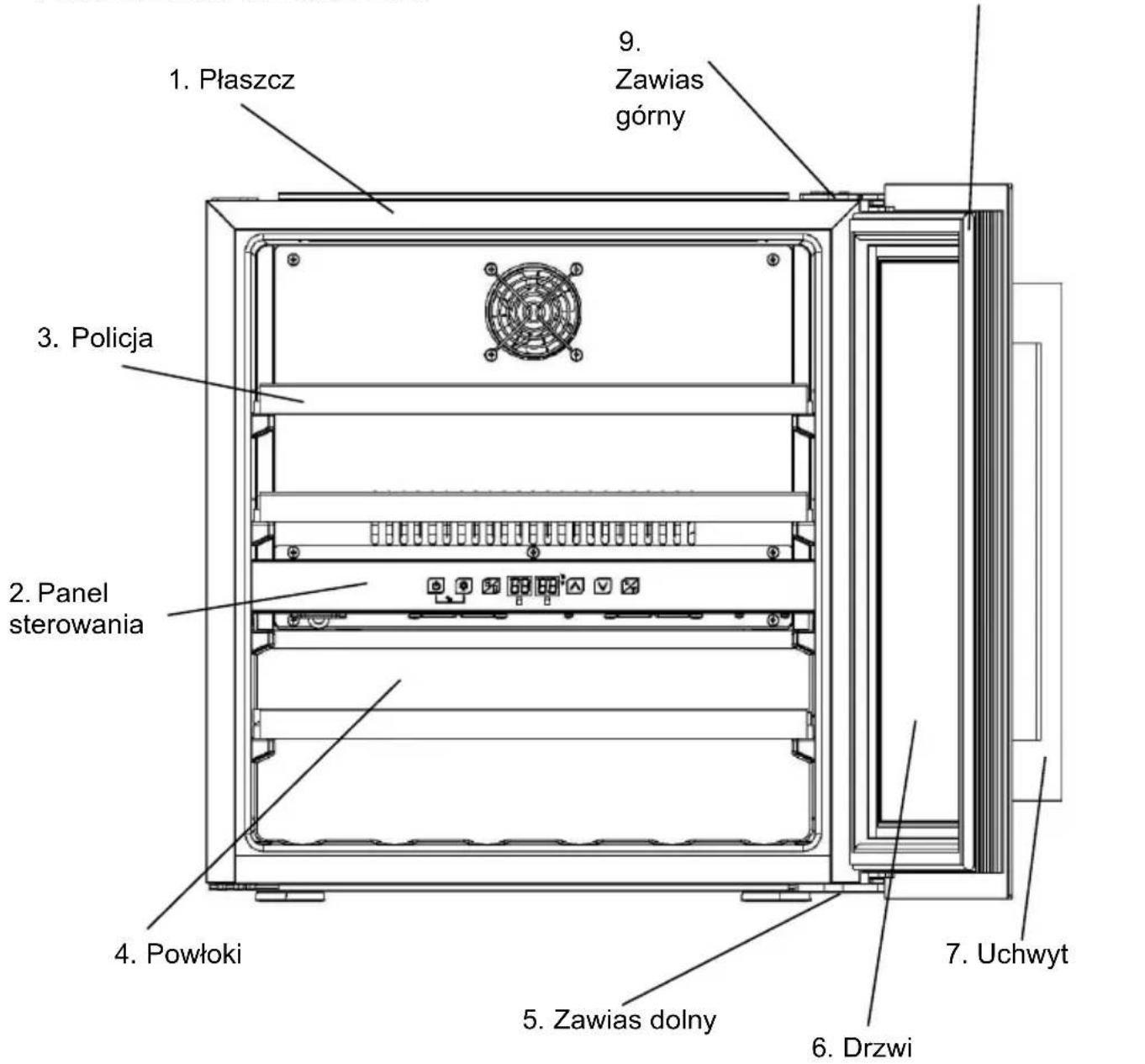 1. Płaszcz 3. Policja 2. Panel sterowania 4. Powłoki 5. Zawias dolny 6. Drzwi 7. Uchwyt 9. Zawias górny