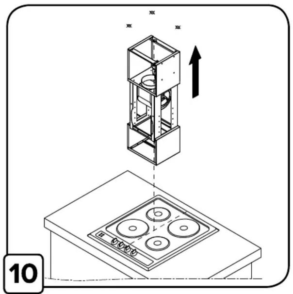 Technical diagram showing a mechanical assembly with an elevator shaft and a control panel, labeled with number 10.
