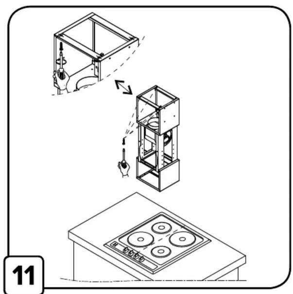 Diagram illustrating a mechanical assembly process with labeled components and directional arrows, including a 3D box and a 11-pin appliance.