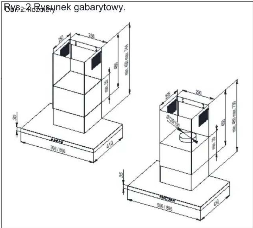 Rys. 2 Rysunek gabarytowy. OBV2: Rożnicy 30 250 250 150 144 135 130 125 120 115 110 105 100 95 85 75 65 55 45 35 596/896 410 596/896 410