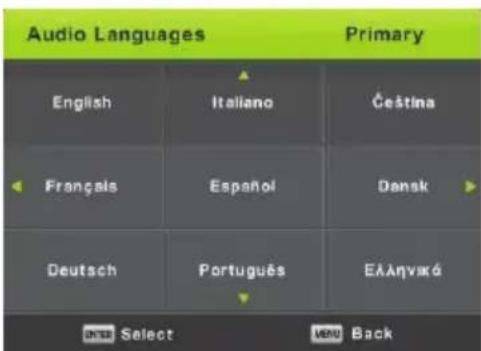 Audio Languages Primary English Italiano Čeština Français Español Dansk Deutsch Português EÀÀnvakó ENTER Select MENU Back