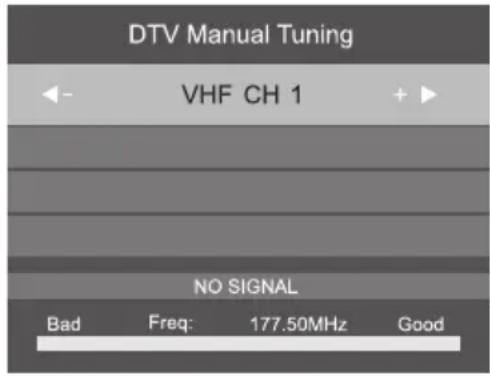 DTV Manual Tuning VHF CH 1 NO SIGNAL Bad Freq: 177.50MHz Good