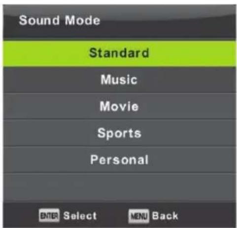 Sound Mode Standard Music Movie Sports Personal ENTER Select MENU Back