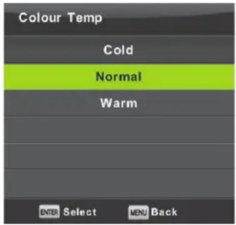 Colour Temp Cold Normal Warm ENTER Select MENU Back