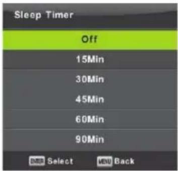 Sleep Timer Off 15Min 30Min 45Min 60Min 90Min Select Back