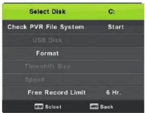 Select Disk C: Check PVR File System Start USB Disk Format Timeshift Size Speed Free Record Limit 6 Hr. OK Select MPD Back