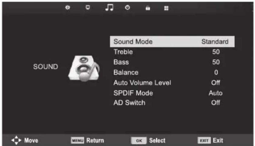 Sound Mode Standard Treble 50 Bass 50 Balance 0 Auto Volume Level Off SPDIF Mode Auto AD Switch Off Move MENU Return OK Select EXIT Exit