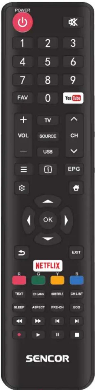 POWER 1 2 3 4 5 6 7 8 9 FAV 0 YouTube + TV VOL SOURCE CH - USB ≡ i EPG OK EXIT NETFLIX R G Y B TEXT CD LANG SUBTITLE CH LIST SLEEP ASPECT PRE-CH ECO SENOR