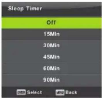 Sleep Timer Off 15Min 30Min 45Min 60Min 90Min OK Select Next Back