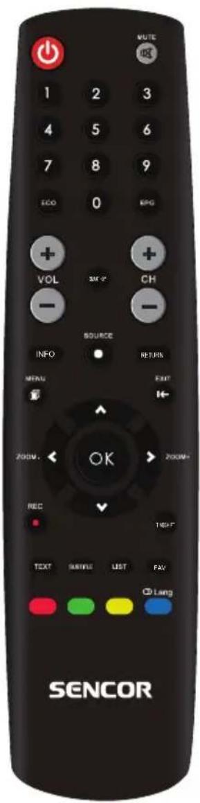 MUTE 1 2 3 4 5 6 7 8 9 ECO 0 EPG VOL SHIP CH SOURCE INFO ● RETURN MEAN EXIT 200M. OK 200M+ REC 100F TEXT INPUT LIST FAV CX Lang SENCOR