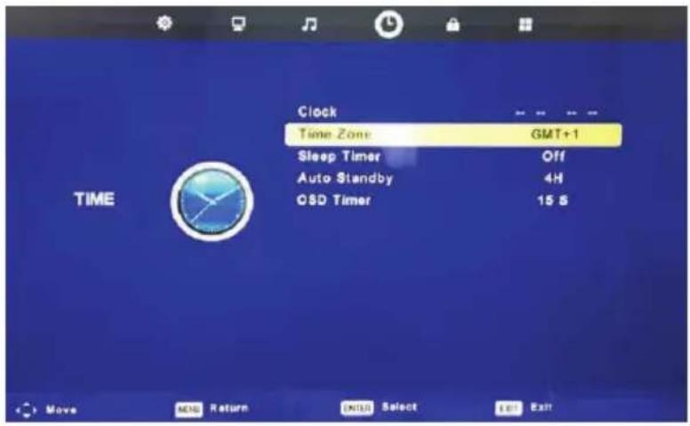 Clock Time Zone GMT+1 Sleep Timer Off Auto Standby 4H OSD Timer 15 S TIME
