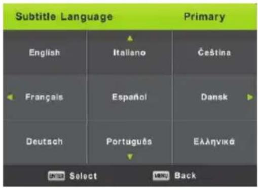 Subtitle Language Primary English Italiano Čeština Français Español Dansk Deutsch Português ΕΑληνικά ENTER Select END Back