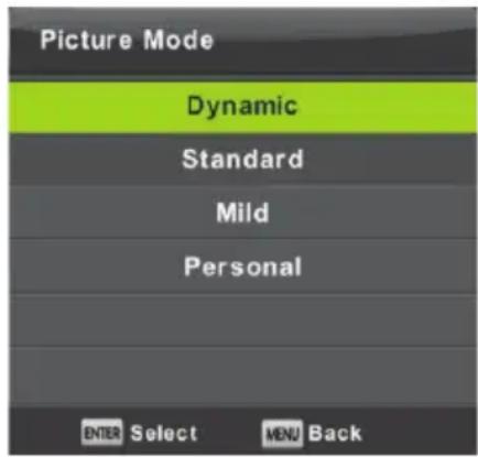Picture Mode Dynamic Standard Mild Personal ENTER Select MENU Back