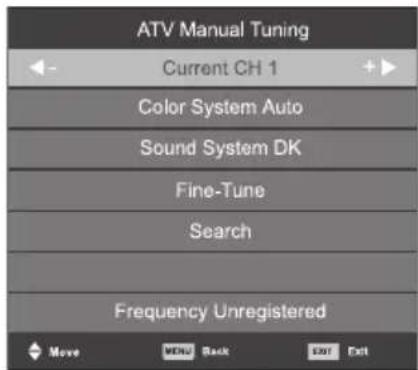 ATV Manual Tuning Current CH 1 Color System Auto Sound System DK Fine-Tune Search Frequency Unregistered Move MENU Back EXIT Exit