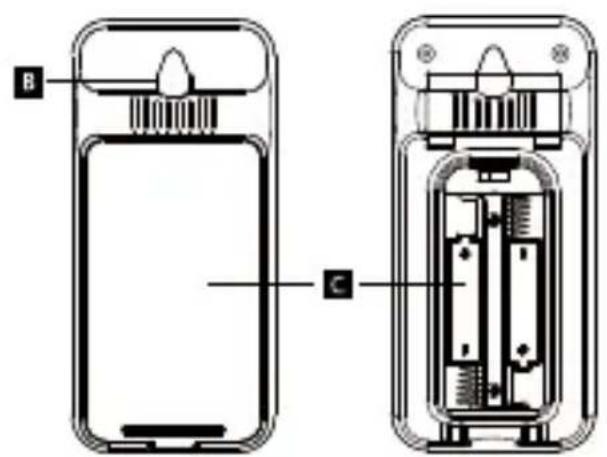 Technical diagram of a battery with labeled components A and B, showing internal structure and casing layout.