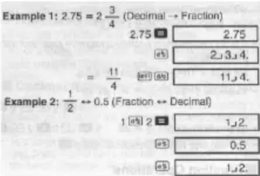 Example 1: 2.75 = 2 3/4 (Decimal → Fraction) 2.75 ■ 2.75 a% 2,3,4. = 11/4 [a+1] a% 11,4. Example 2: 1/2 ↔ 0.5 (Fraction ↔ Decimal) 1 [a+] 2 ■ 1,2. a% 0.5 a% 1,2.