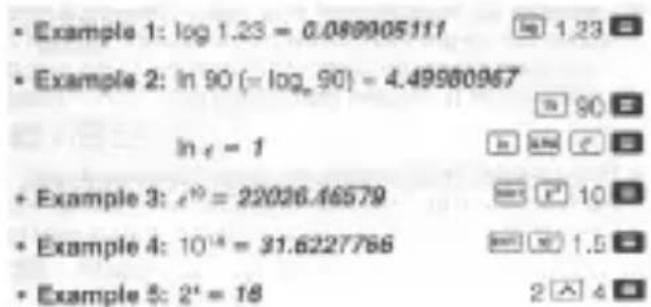 • Example 1: log 1.23 = 0.089905111 • Example 2: ln 90 (= log_90) = 4.49580967 ln x = 1 • Example 3: x^10 = 22026.46579 • Example 4: 10^14 = 31.6227766 • Example 5: 2^t = 18