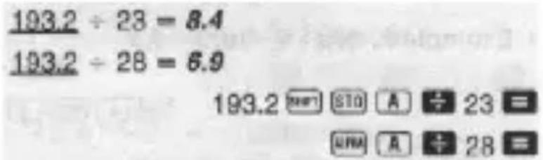 193.2 ÷ 23 = 8.4 193.2 ÷ 28 = 6.9 193.2 [RENT] [STO] [A] ÷ 23 = [UNM] [A] ÷ 28 =