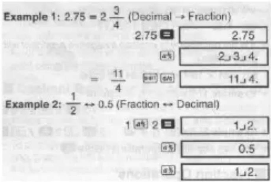 Example 1: 2.75 = 2 3/4 (Decimal → Fraction) 2.75 = 2.75 a% 2,3,4. = 11/4 [a+1] [a+0] 11,4. Example 2: 1/2 ↔ 0.5 (Fraction ↔ Decimal) 1 a% 2 = 1,2. a% 0.5 a% 1,2.