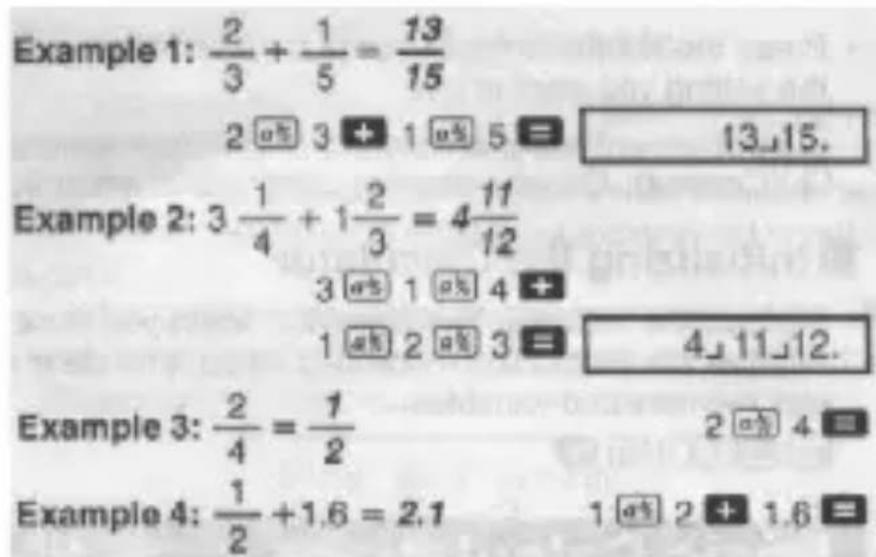 Example 1: 2/3 + 1/5 = 13/15 2 a b 3 + 1 a % 5 = 13_15. Example 2: 3 1/4 + 1 2/3 = 4 11/12 3 a % 1 a % 4 + 1 a % 2 a % 3 = 4_11_12. Example 3: 2/4 = 1/2 2 a % 4 = Example 4: 1/2 + 1.6 = 2.1 1 a % 2 + 1.6 =