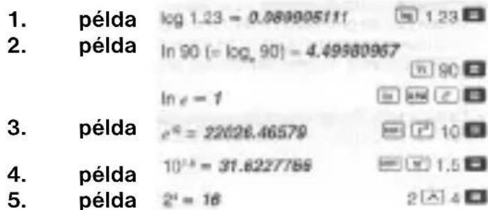 1. példa log 1.23 = 0.089905111 1.23 2. példa ln 90 (= log, 90) = 4.49980967 ln e = 1 3. példa e^a = 22626.46579 10 4. példa 10^-b = 31.6227788 1.5 5. példa 2^a = 16 2 4