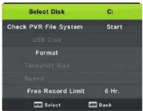 Select Disk C: Check PVR File System Start USB Disk Format Timeshift Size Speed Free Record Limit 6 Hr. OK Select MPD Back