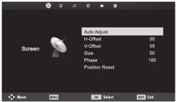Auto Adjust H-Offset 50 V-Offset 50 Size 50 Phase 100 Position Reset