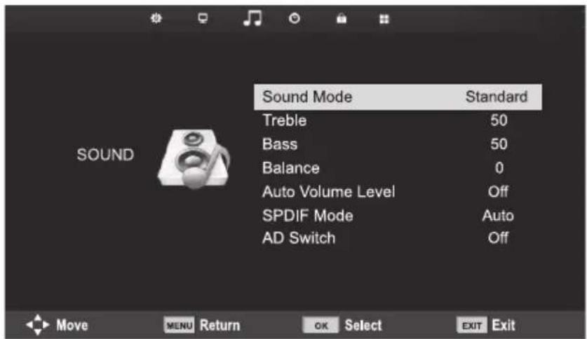Sound Mode Standard Treble 50 Bass 50 Balance 0 Auto Volume Level Off SPDIF Mode Auto AD Switch Off Move MENU Return OK Select EXIT Exit