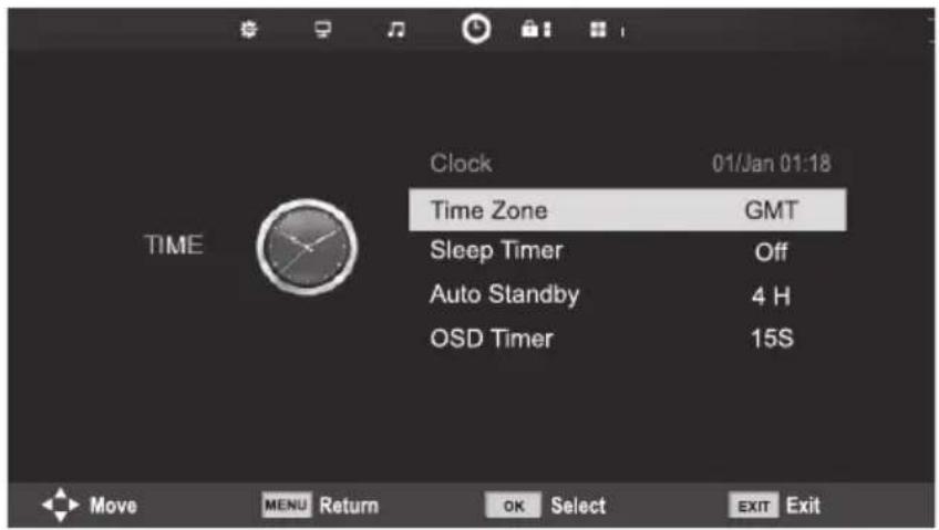 TIME Clock 01/Jan 01:18 Time Zone GMT Sleep Timer Off Auto Standby 4 H OSD Timer 15S Move Mali Return OK Select EXIT Exit