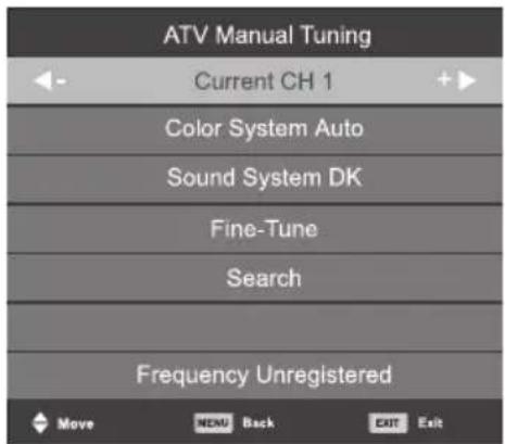 ATV Manual Tuning Current CH 1 Color System Auto Sound System DK Fine-Tune Search Frequency Unregistered Move MENU Back EXIT Exit