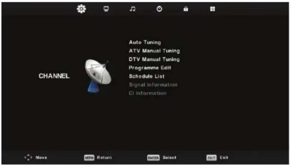CHANNEL Auto Tuning ATV Manual Tuning DTV Manual Tuning Programme Edit Schedule List Signal Information CI Information Move MENU Return ENTER Select Exit Exit