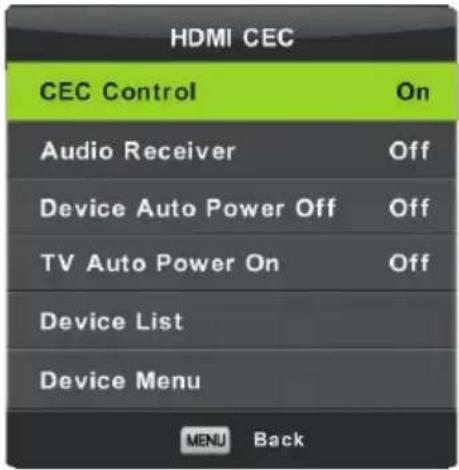 HDMI CEC CEC Control On Audio Receiver Off Device Auto Power Off Off TV Auto Power On Off Device List Device Menu MENU Back