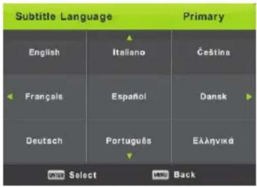 Subtitle Language Primary English Italiano Čeština Français Español Dansk Deutsch Português Ελληνικά ENTER Select MEND Back