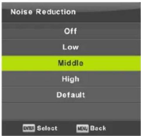 Noise Reduction Off Low Middle High Default ENTER Select MENU Back