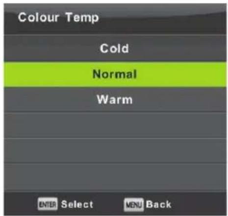 Colour Temp Cold Normal Warm ENTER Select MENU Back