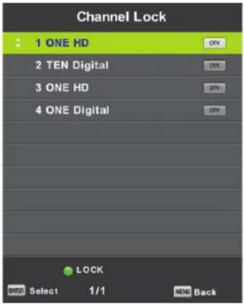 Channel Lock 1 ONE HD 2 TEN Digital 3 ONE HD 4 ONE Digital LOCK OK Select 1/1 NEW Back
