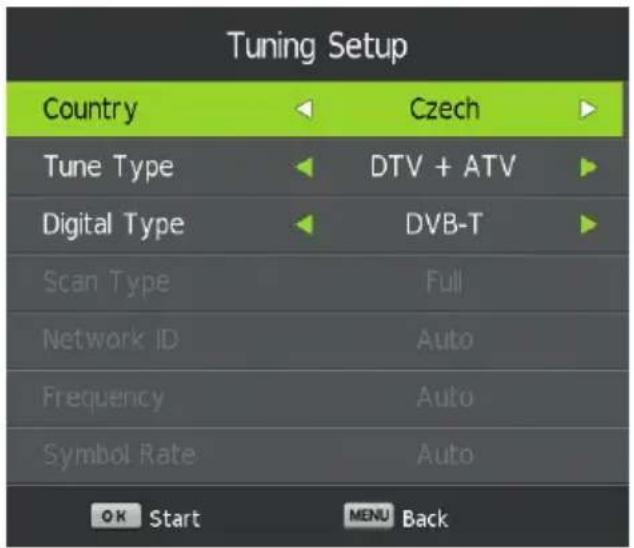 Tuning Setup Country Czech Tune Type DTV + ATV Digital Type DVB-T Scan Type Full Network ID Auto Frequency Auto Symbol Rate Auto OK Start MENU Back